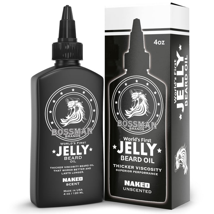 Bossman Beard Oil (4oz) - Eliminates Beard Itch, Bigger Bottle, Thicker Growth, All Natural, American Made, Non Greasy Jelly Beard Oil (Naked Scent)